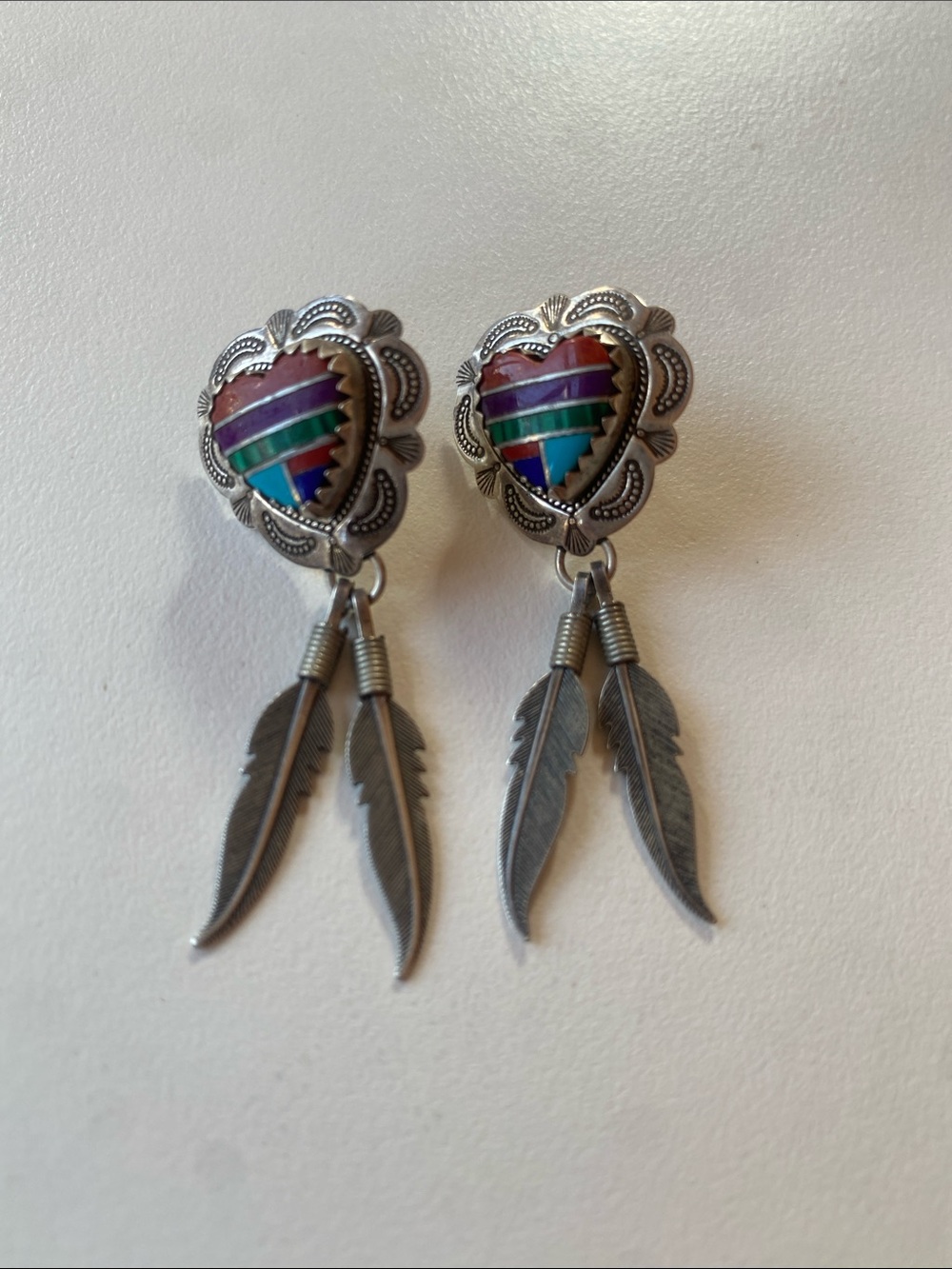 Heart Inlay Feather Drop Earrings - Multicolor Sterling Silver